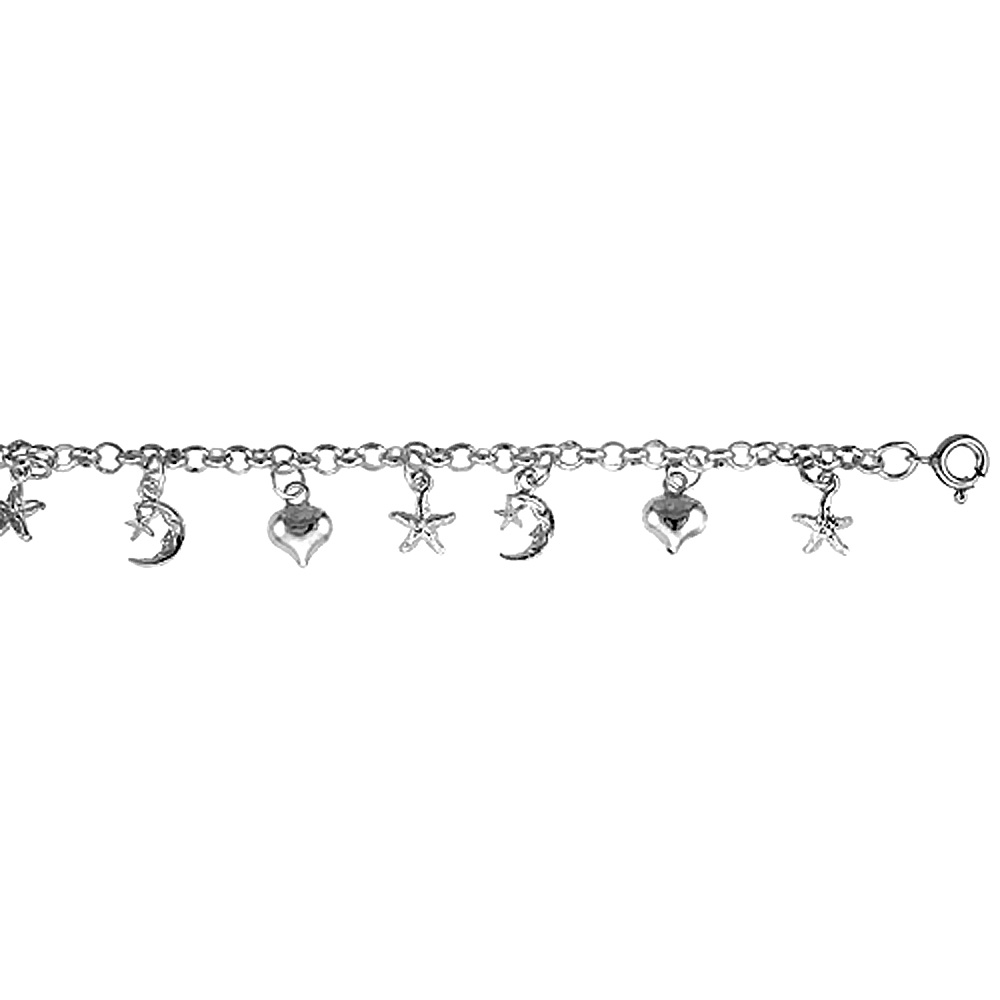 STERLING SILVER ANKLET WITH SUN, MOON & STAR CHARMS, FITS 9 - 10 INCH ANKLES