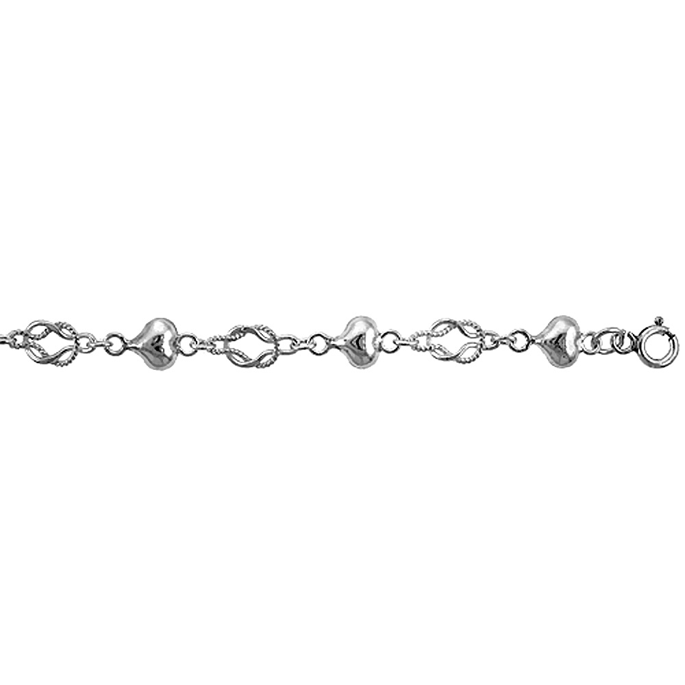 STERLING SILVER ANKLET WITH HEART & KNOT LINKS, FITS 9 - 10 INCH ANKLES
