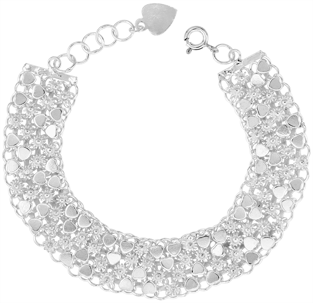 1/2 INCH WIDE STERLING SILVER TEENY FLOWERS AND HEARTS CHARM BRACELET FOR WOMEN 12MM FITS 7-8 INCH WRISTS