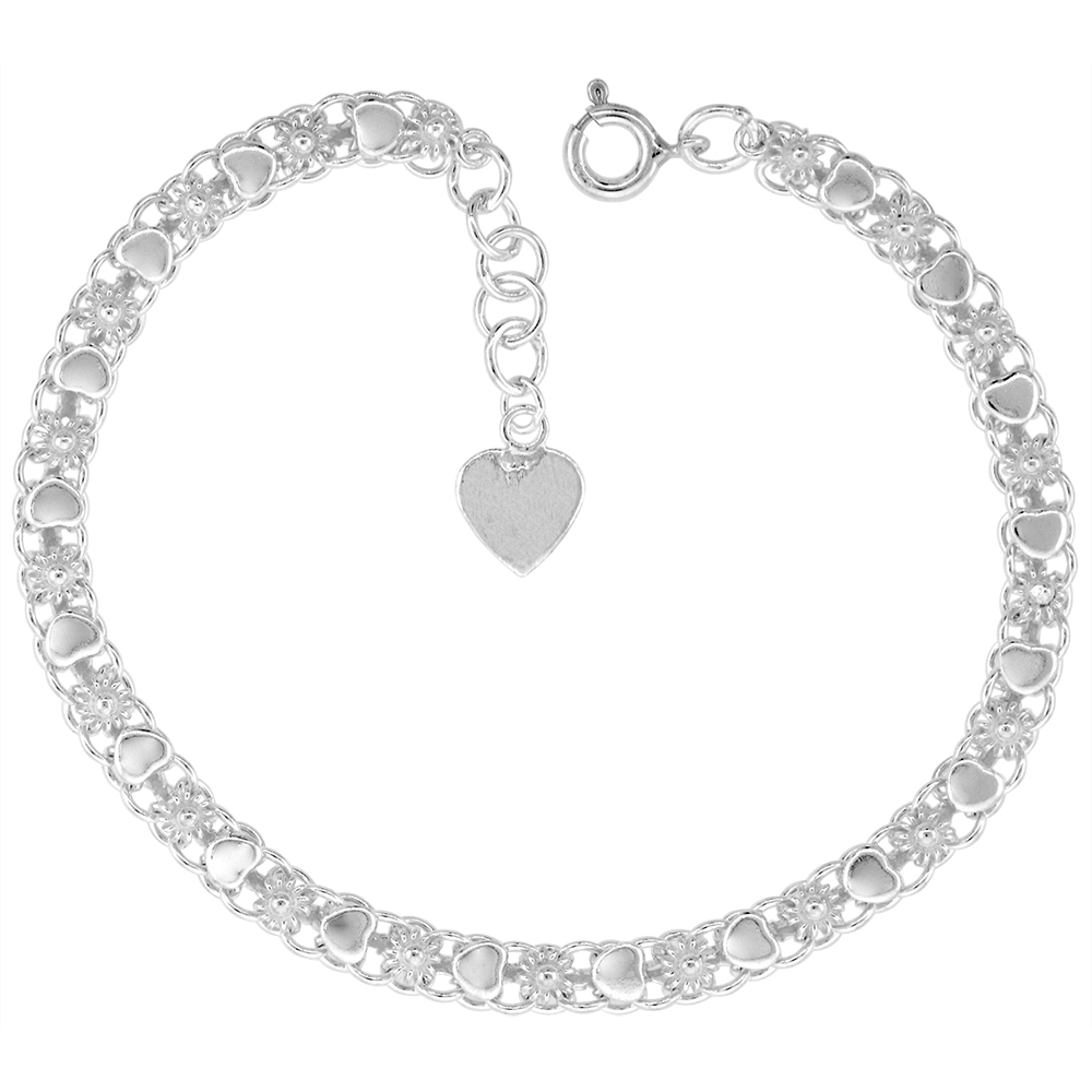 3/16 INCH WIDE STERLING SILVER TEENY FLOWERS AND HEARTS CHARM BRACELET FOR WOMEN 5MM FITS 7-8 INCH WRISTS