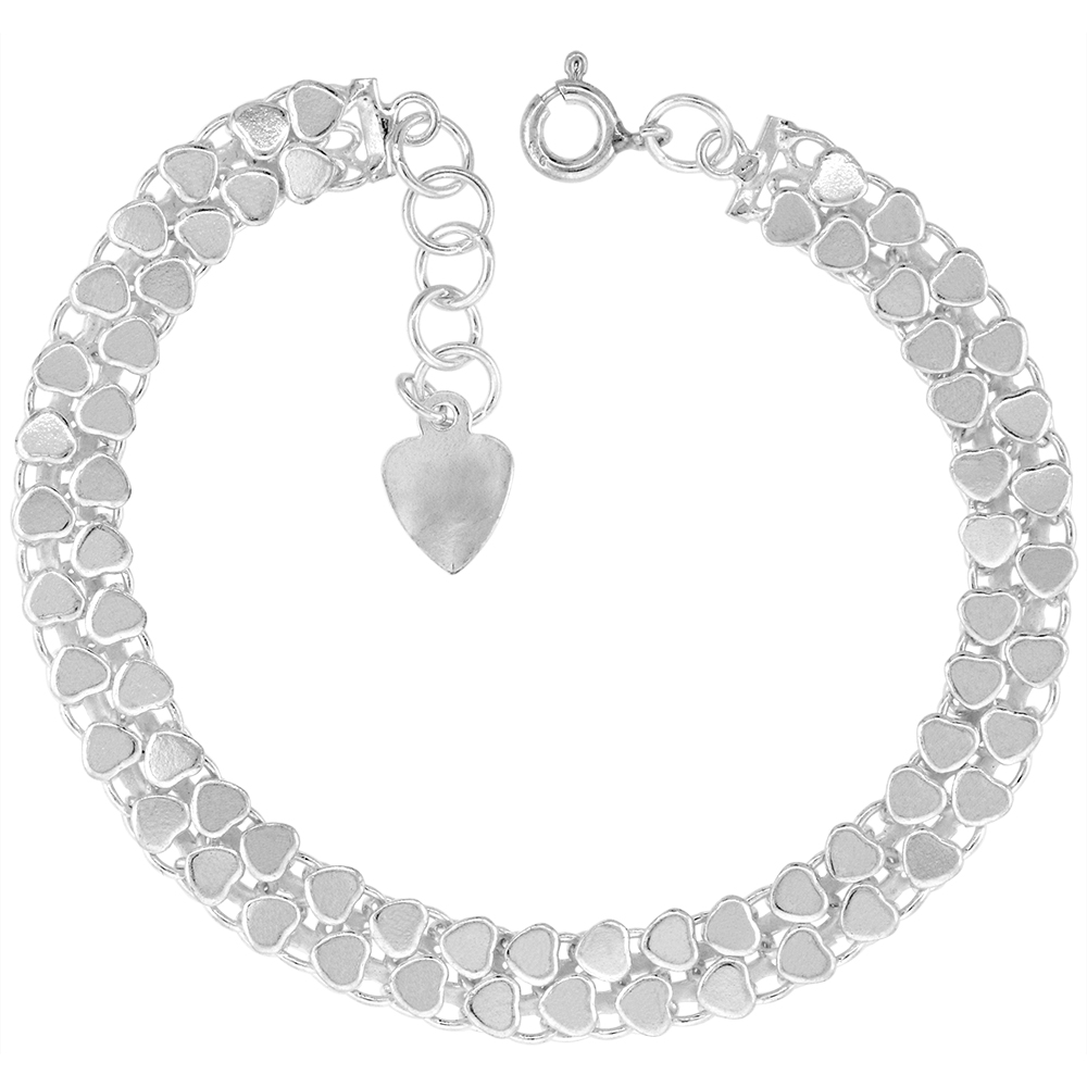 1/4 INCH WIDE STERLING SILVER TEENY POLISHED HEARTS CHARM BRACELET FOR WOMEN 7MM FITS 7-8 INCH WRISTS