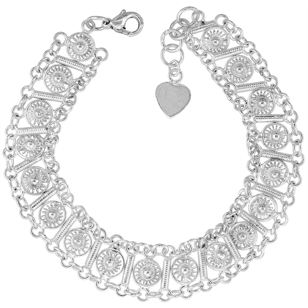1/2 INCH WIDE STERLING SILVER FLOWERS AND BARS CHARM BRACELET FOR WOMEN 12MM FITS 7-8 INCH WRISTS