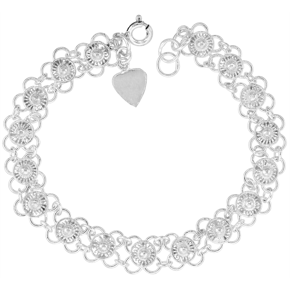 1/4 INCH WIDE STERLING SILVER QUATREFOIL FLOWERS CHARM BRACELET FOR WOMEN 7MM FITS 7-8 INCH WRISTS