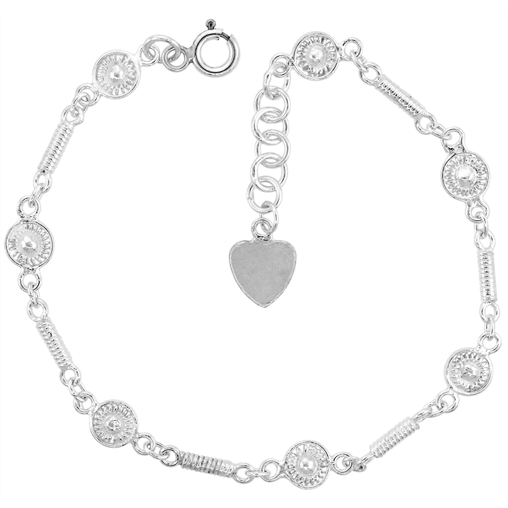 3/16 INCH WIDE STERLING SILVER ROPE LINKED FLOWERS CHARM BRACELET FOR WOMEN 5MM FITS 7-8 INCH WRISTS