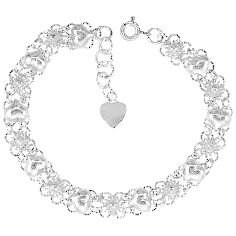 1/4 INCH WIDE STERLING SILVER QUATREFOIL FLOWERS AND HEARTS CHARM BRACELET FOR WOMEN 7MM FITS 7-8 INCH WRISTS