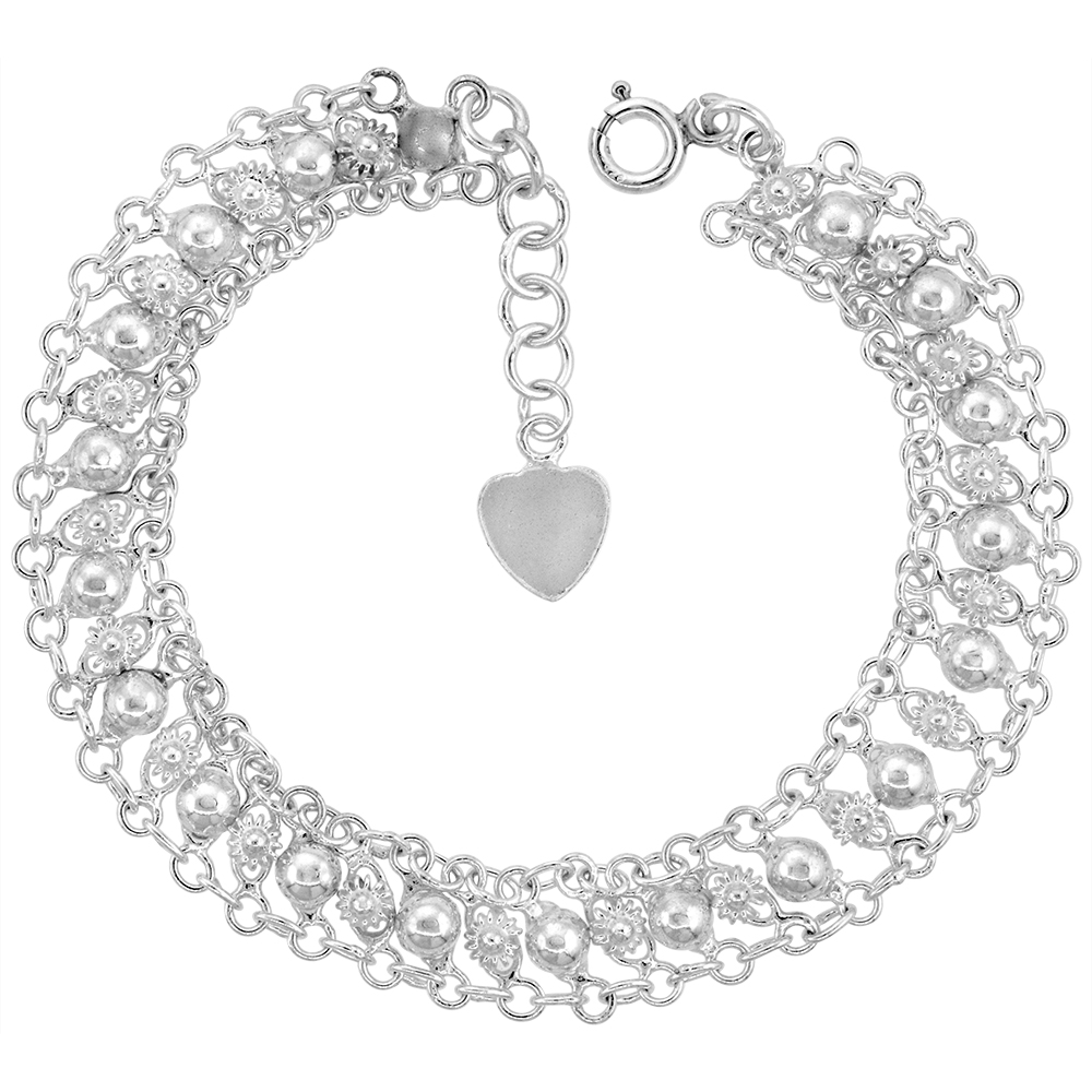 7/16 INCH WIDE STERLING SILVER TEENY FLOWERS AND BEADS CHARM BRACELET FOR WOMEN 11MM FITS 7-8 INCH WRISTS
