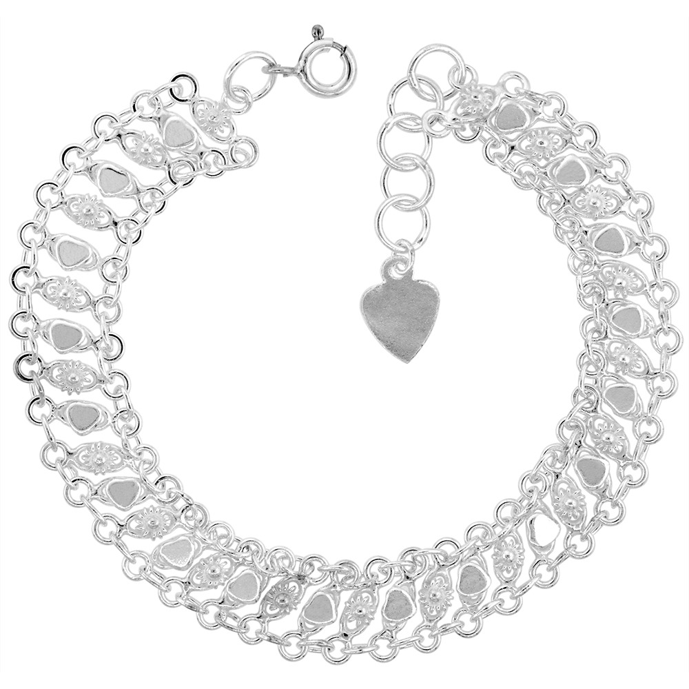 1/2 INCH WIDE STERLING SILVER TEENY FLOWERS AND HEARTS CHARM BRACELET FOR WOMEN 12MM FITS 7-8 INCH WRISTS
