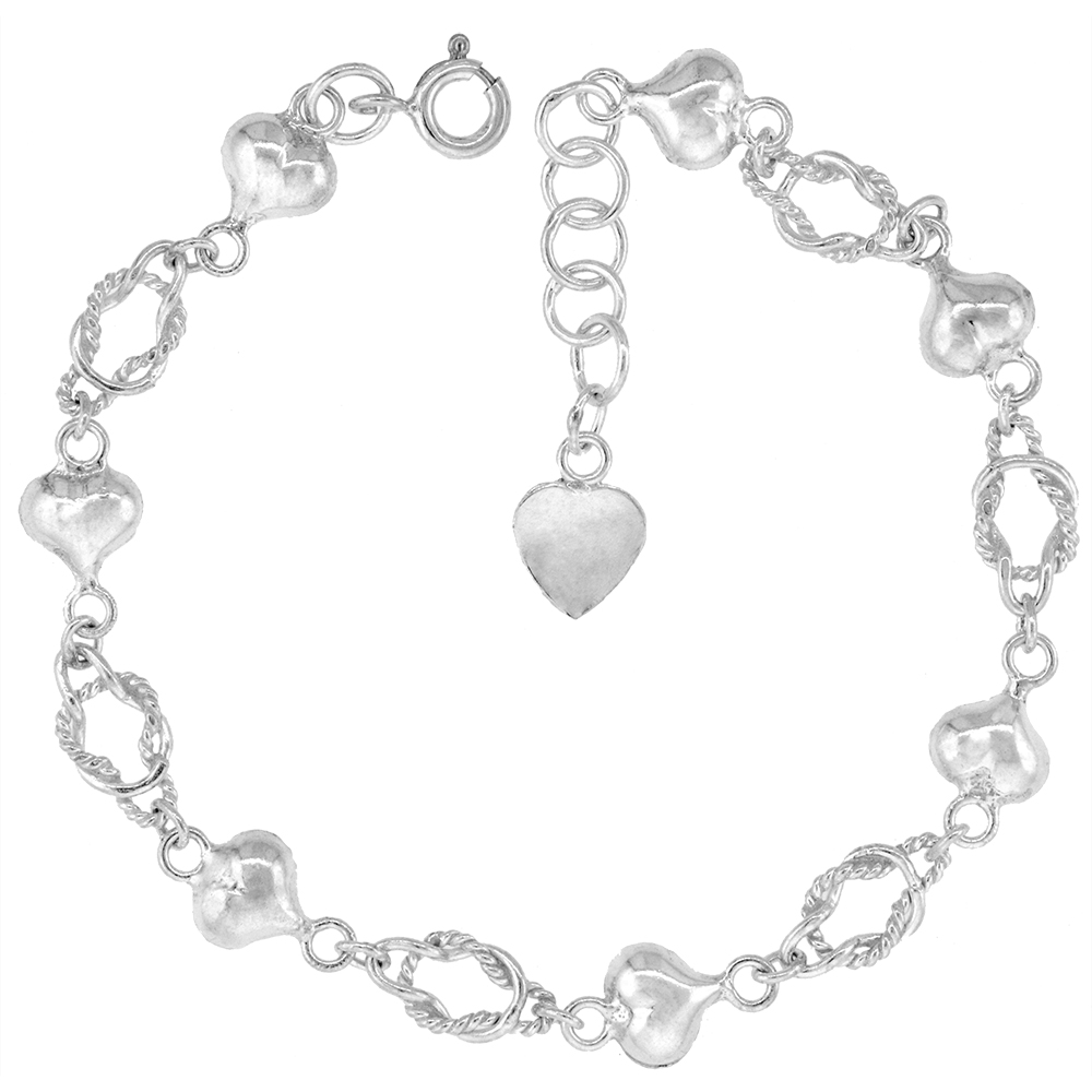 1/4 INCH WIDE STERLING SILVER LOVE KNOTS & PUFFY HEARTS CHARM BRACELET FOR WOMEN 7MM FITS 7-8 INCH WRISTS