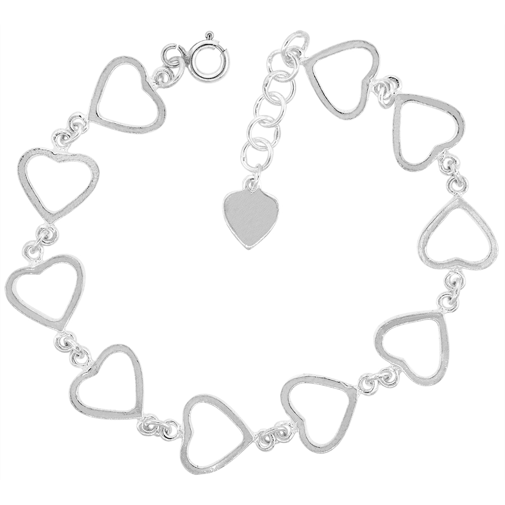 7/16 INCH WIDE STERLING SILVER LINKED OPEN HEARTS CHARM BRACELET FOR WOMEN 11MM FITS 7-8 INCH WRISTS