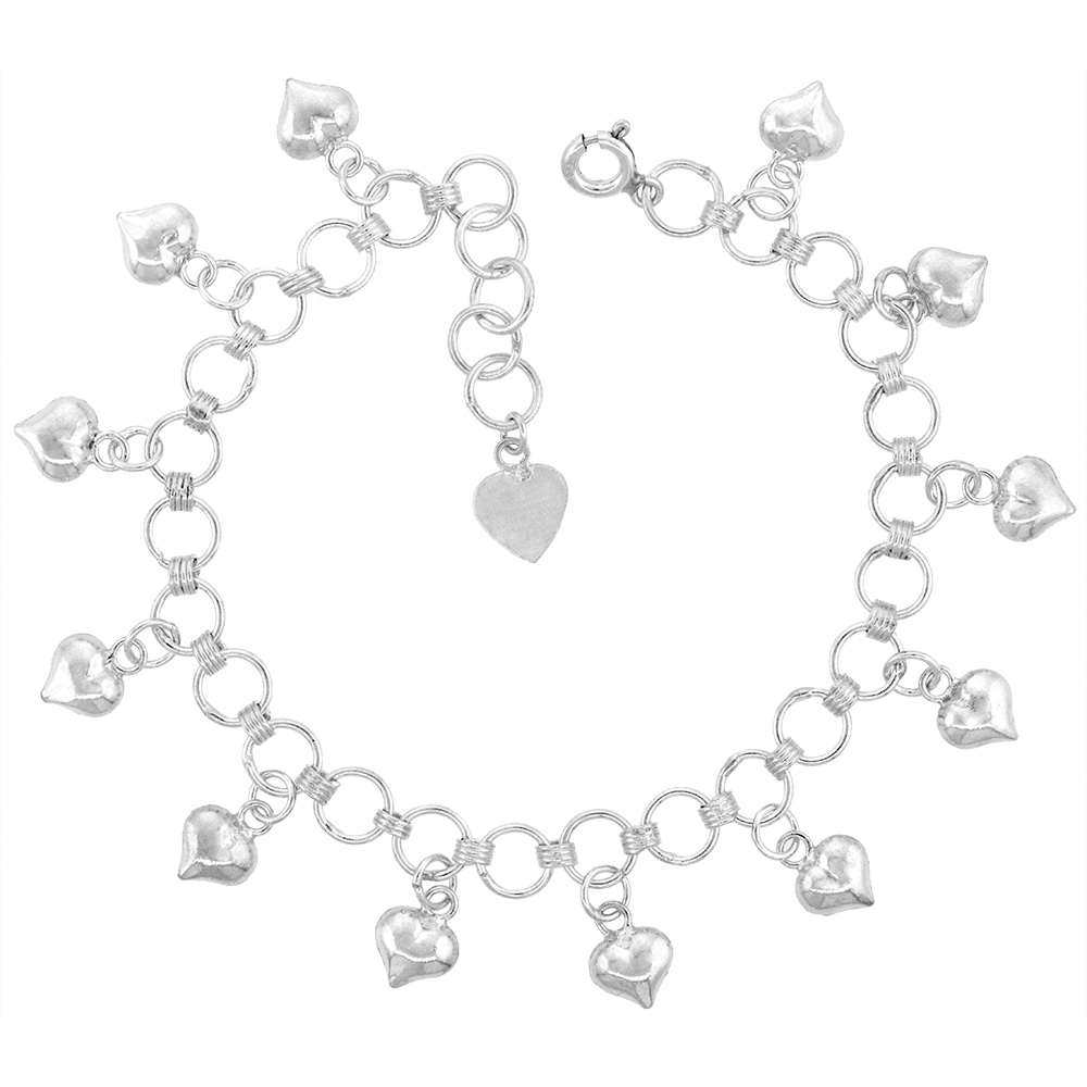 STERLING SILVER DANGLING HEARTS CHARM BRACELET FOR WOMEN 15MM DROP FITS 7-8 INCH WRISTS