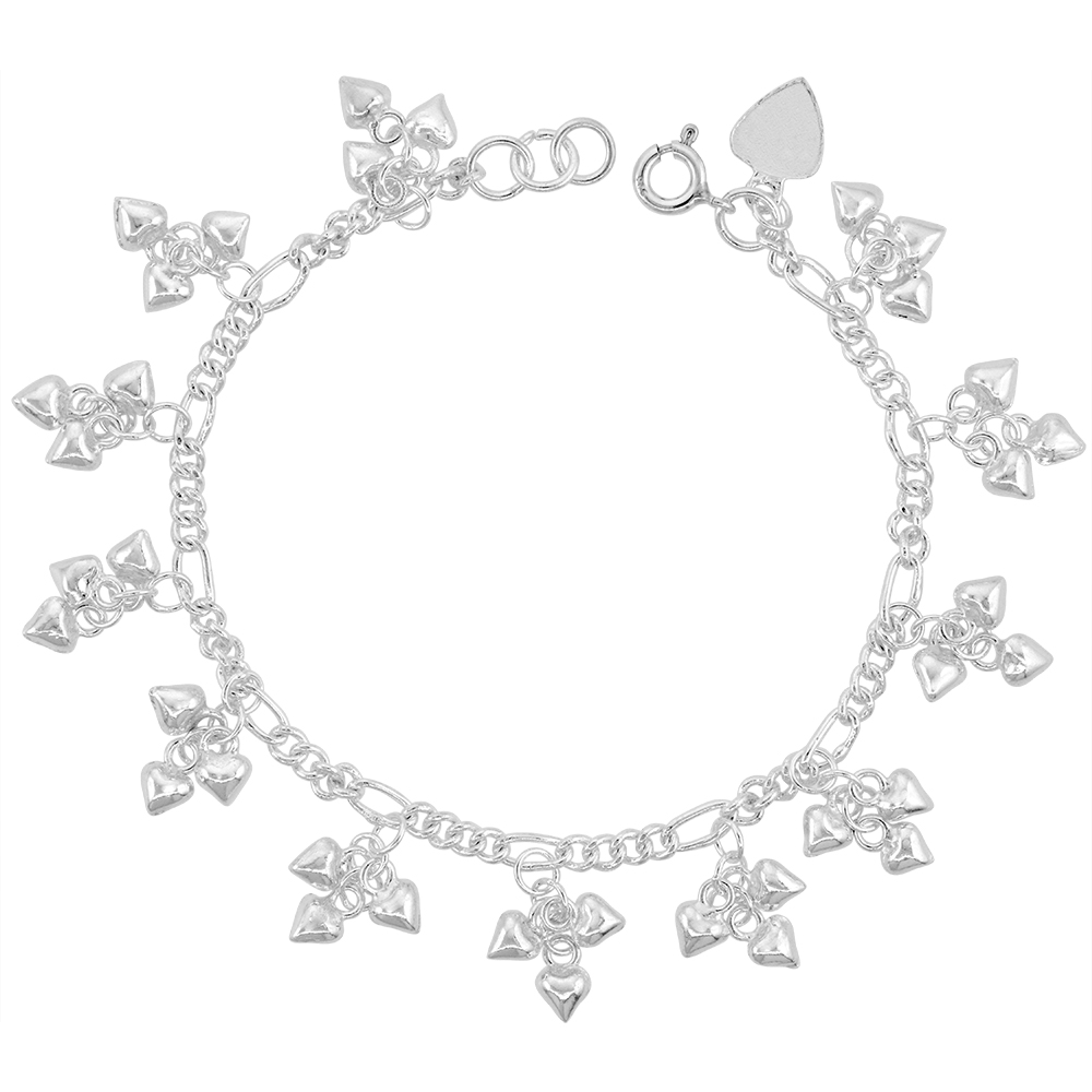 STERLING SILVER DANGLING TEENY HEART CLUSTERS CHARM BRACELET FOR WOMEN 15MM DROP FITS 7-8 INCH WRISTS