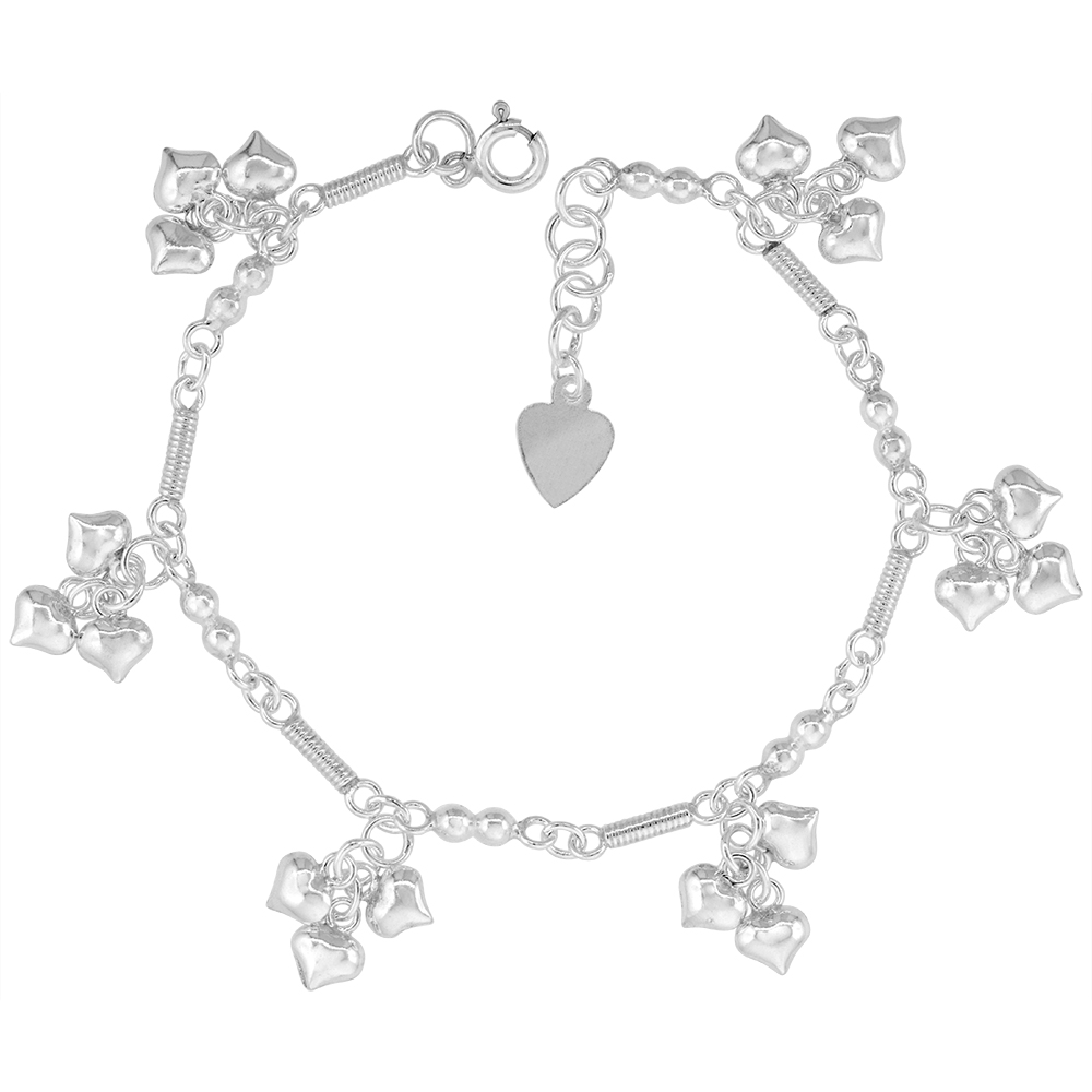 STERLING SILVER DANGLING TEENY HEART CLUSTERS CHARM BRACELET FOR WOMEN ROPE BAR LINKS 13MM DROP FITS 7-8 INCH WRISTS