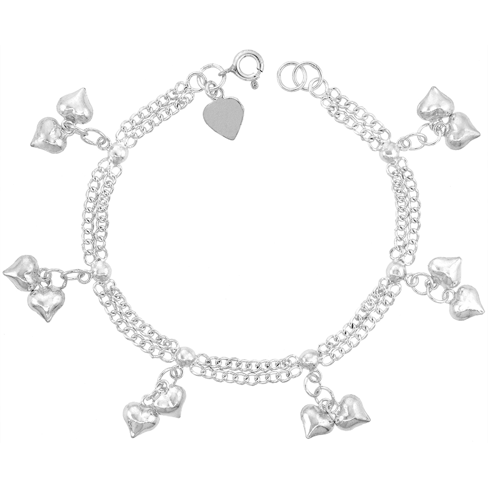 STERLING SILVER DANGLING DOUBLE HEARTS CHARM BRACELET FOR WOMEN 2 ROW 16MM DROP FITS 7-8 INCH WRISTS