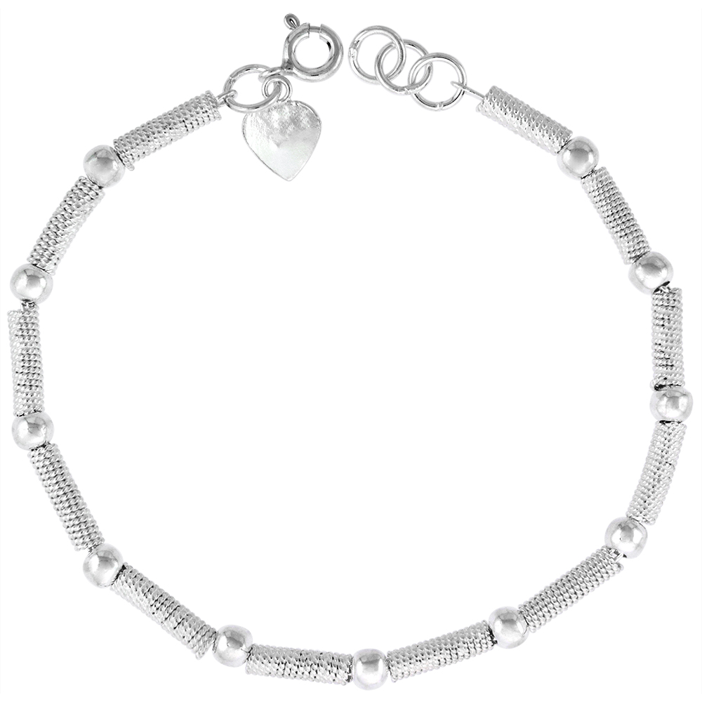 STERLING SILVER ROPE BAR AND BEADS CHARM BRACELET FOR WOMEN 13.1MM WIDE FITS 8-9 INCH WRISTS