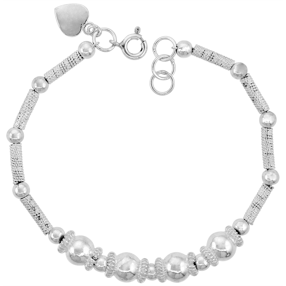 1/4 INCH WIDE STERLING SILVER ROPE BAR BEADED CHARM BRACELET FOR WOMEN 7MM FITS 7-8 INCH WRISTS