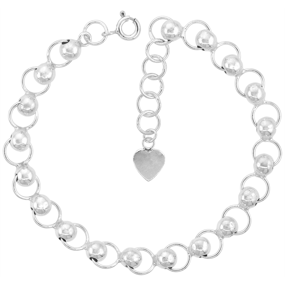 1/4 INCH WIDE STERLING SILVER LINKED CIRCLES AND BEADS CHARM BRACELET FOR WOMEN 7MM FITS 7-8 INCH WRISTS