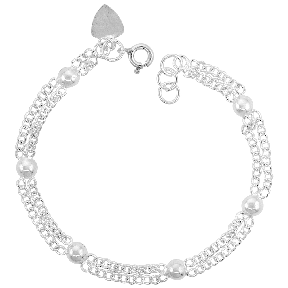 1/4 INCH WIDE STERLING SILVER 2 ROW STATION BEADS CHARM BRACELET FOR WOMEN 7MM FITS 7-8 INCH WRISTS