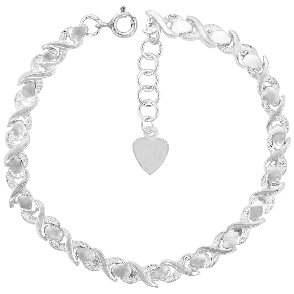 7/16 INCH WIDE STERLING SILVER HUGS AND KISSES CHARM BRACELET FOR WOMEN 11MM FITS 8-9 INCH WRISTS
