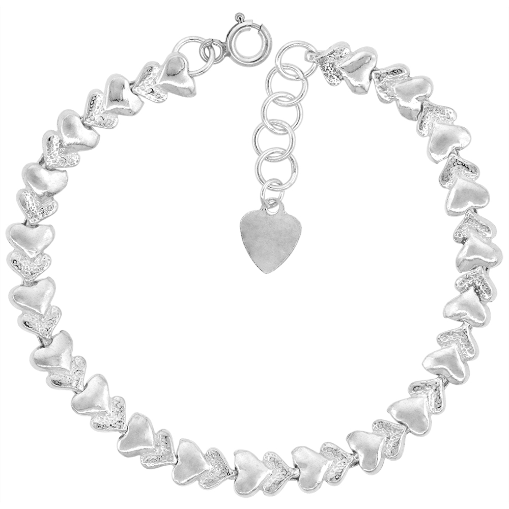 3/8 INCH WIDE STERLING SILVER LINKED DOUBLE HEARTS CHARM BRACELET FOR WOMEN 10MM FITS 8-9 INCH WRISTS