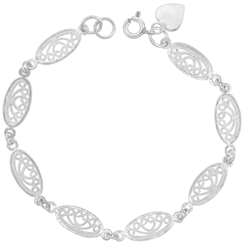1/2 INCH WIDE STERLING SILVER OVAL LINK FILIGREE CHARM BRACELET FOR WOMEN 12MM WIDE 7 INCH SIZE WRISTS