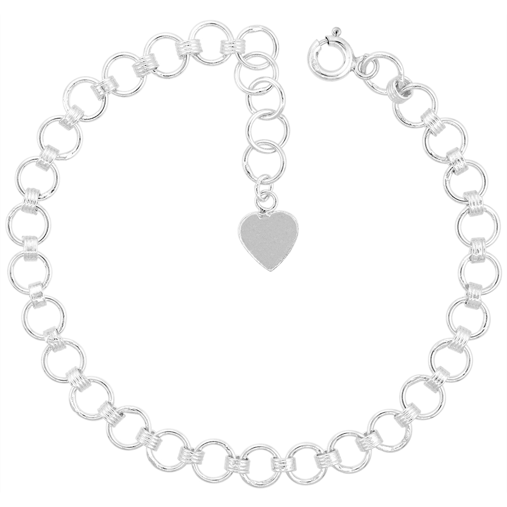 1/2 INCH WIDE STERLING SILVER PLAIN LINKED CIRCLES CHARM BRACELET FOR WOMEN 13MM FITS 7-8 INCH WRISTS
