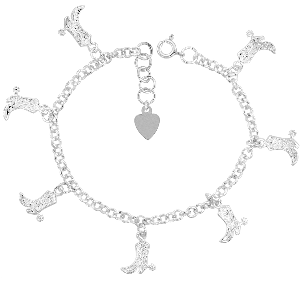 STERLING SILVER DANGLING COWBOY BOOTS CHARM BRACELET FOR WOMEN 12MM DROP FITS 7-8 INCH WRISTS