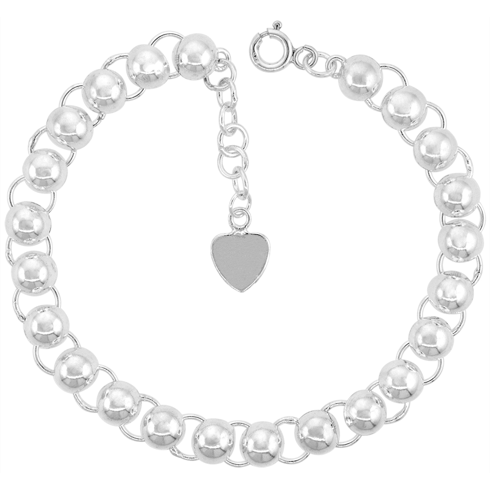 1/2 INCH WIDE STERLING SILVER LINKED HALF BEADS CHARM BRACELET FOR WOMEN 13MM FITS 7-8 INCH WRISTS