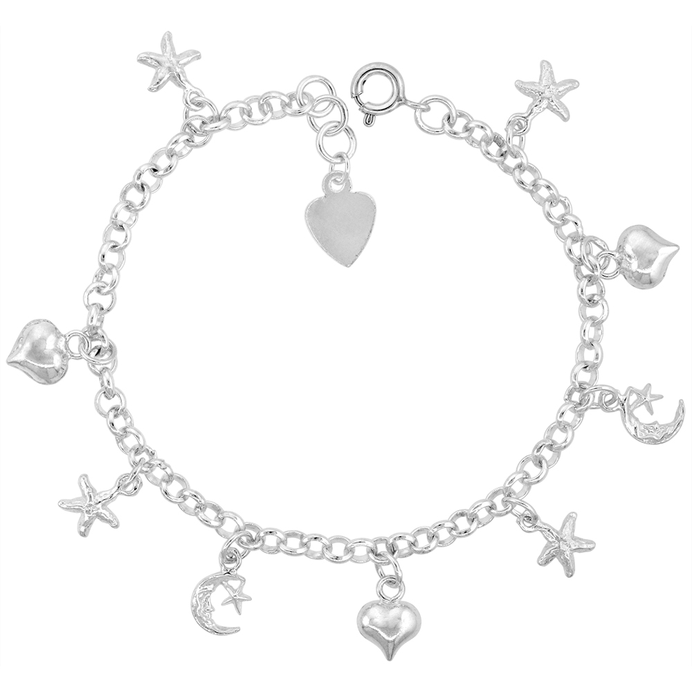 STERLING SILVER DANGLING HEARTS MOONS STARS CHARM BRACELET FOR WOMEN 11MM DROP FITS 7-8 INCH WRISTS