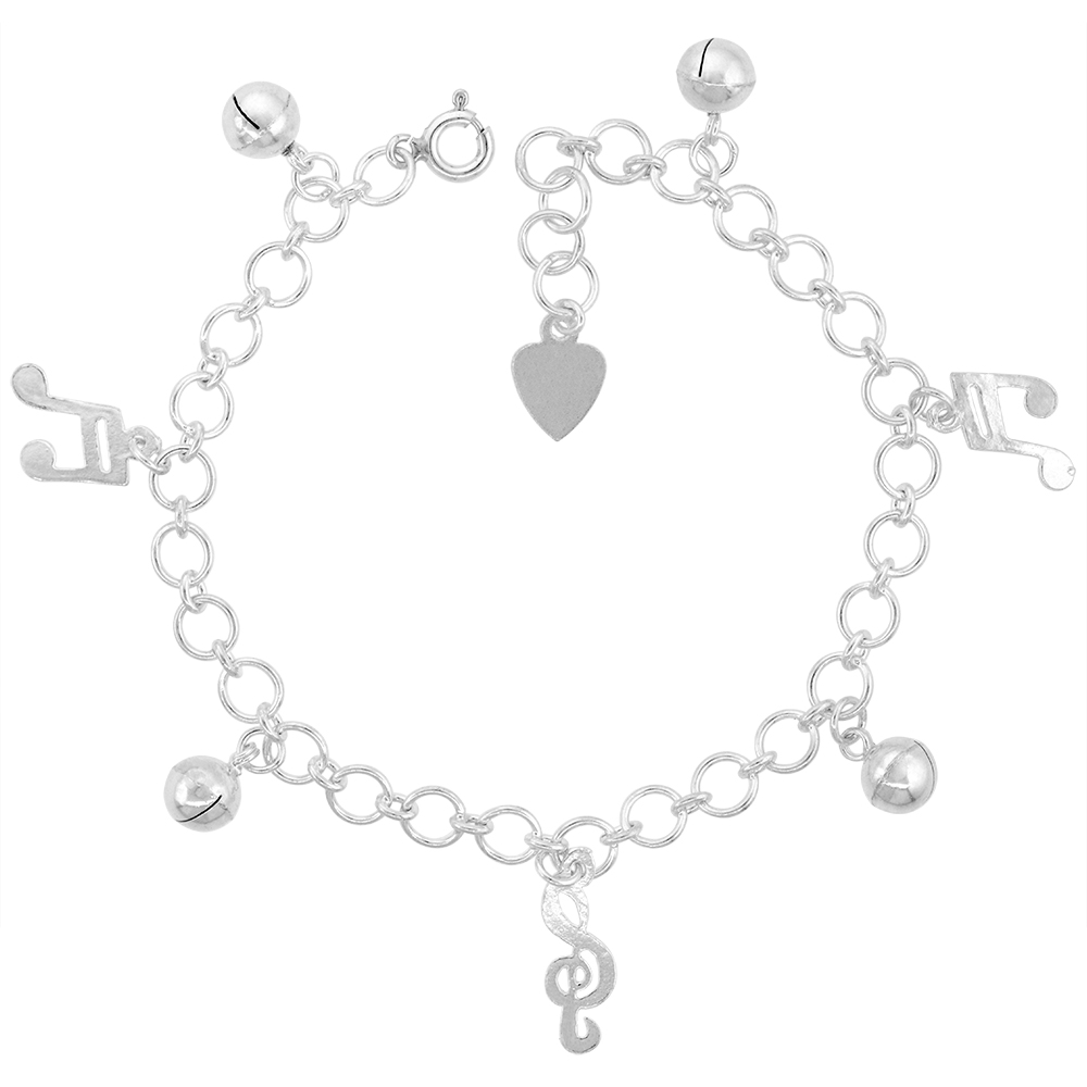 STERLING SILVER DANGLING MUSICAL NOTES AND JINGLE BELLS CHARM BRACELET FOR WOMEN 16MM DROP FITS 7-8 INCH WRISTS