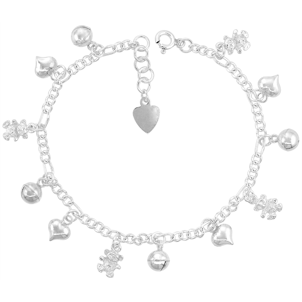 STERLING SILVER DANGLING TEDDY BEARS HEARTS AND JINGLE BELLS CHARM BRACELET FOR WOMEN 15MM DROP FITS 7-8 INCH WRISTS