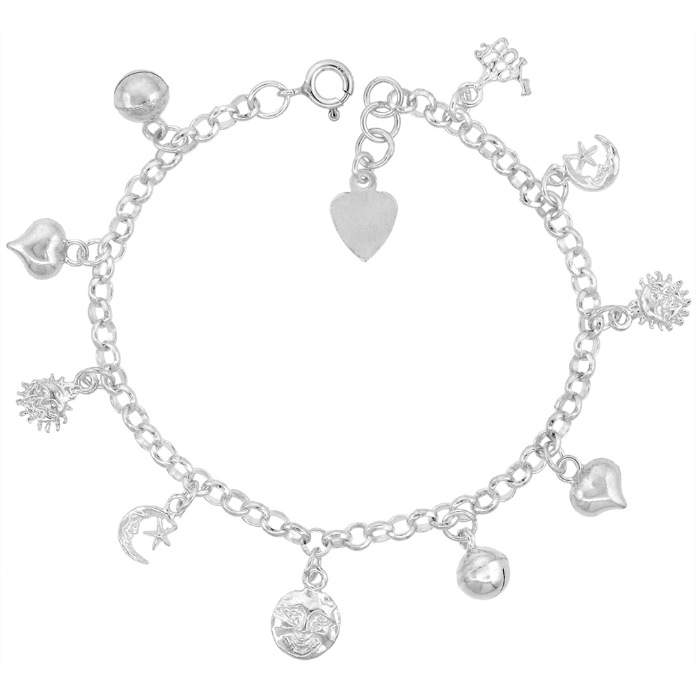 STERLING SILVER DANGLING HEARTS STAR AND CRESCENT MOON CHARM BRACELET FOR WOMEN 12MM DROPS FITS 7-8 INCH WRISTS