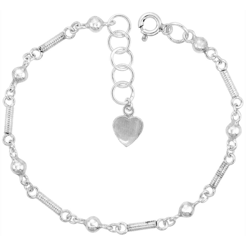 1/8 INCH WIDE STERLING SILVER ROPE BAR LINKED BEADS CHARM BRACELET FOR WOMEN 4MM FITS 7-8 INCH WRISTS