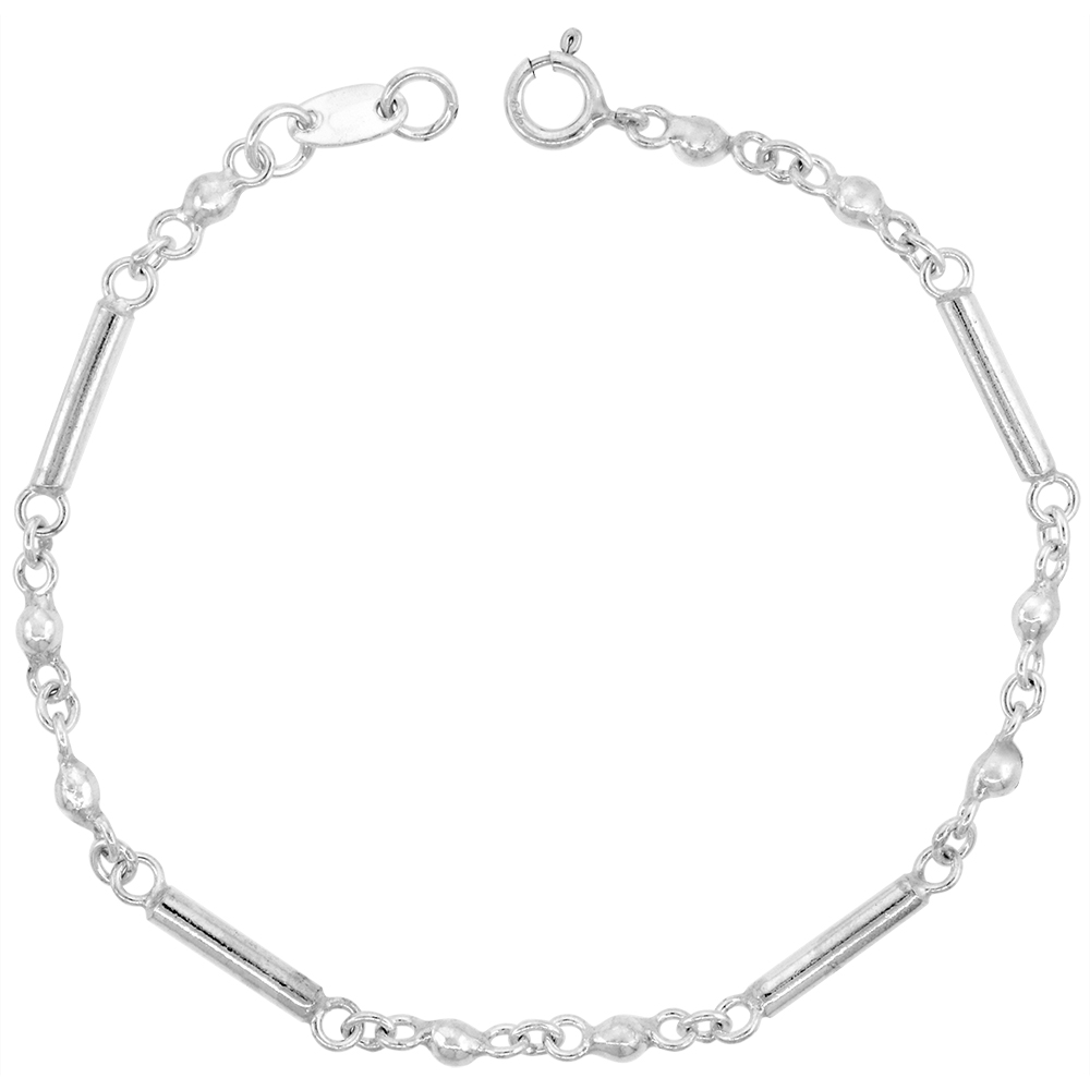 1/8 INCH WIDE STERLING SILVER BAR LINKED BEADS CHARM BRACELET FOR WOMEN 4MM FITS 7-8 INCH WRISTS
