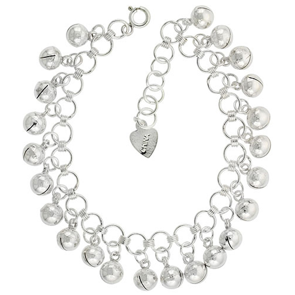 STERLING SILVER DANGLING JINGLE BELLS CHARM BRACELET FOR WOMEN CIRCLE LINKS 15MM DROPS FITS 7-8 INCH WRISTS