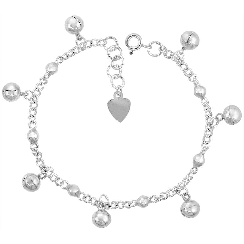 STERLING SILVER DANGLING BEADS AND JINGLE BELLS CHARM BRACELET FOR WOMEN CURB LINKS14MM DROPS FITS 7-8 INCH WRISTS