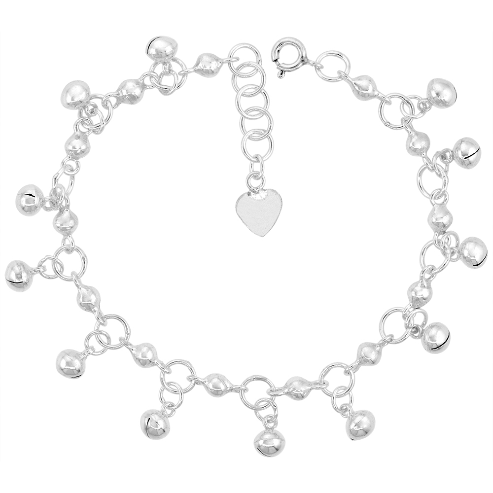 STERLING SILVER DANGLING BEADS AND JINGLE BELLS CHARM BRACELET FOR WOMEN CIRCLE LINKS14MM DROPS FITS 7-8 INCH WRISTS