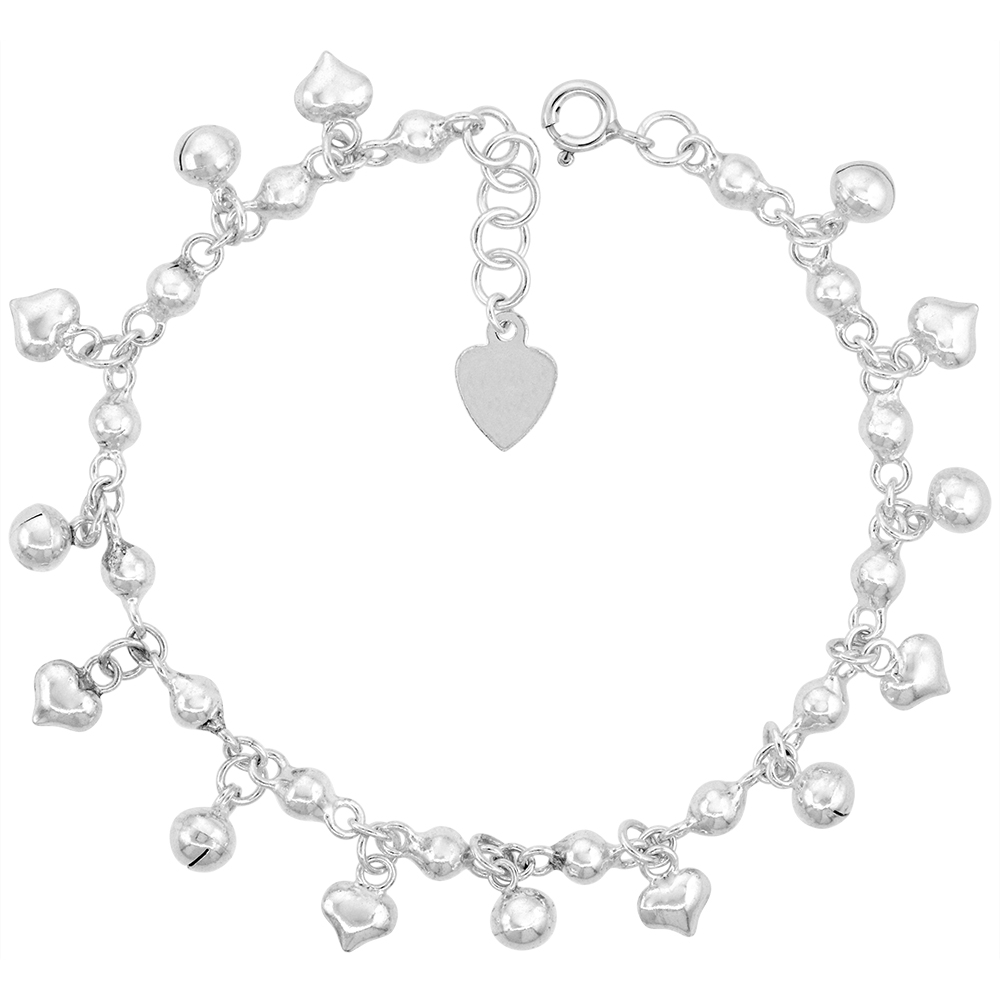 STERLING SILVER DANGLING BEADS AND JINGLE BELLS AND HEARTS CHARM BRACELET FOR WOMEN BEADED LINKS11MM DROPS FITS 7-8 INCH WRISTS