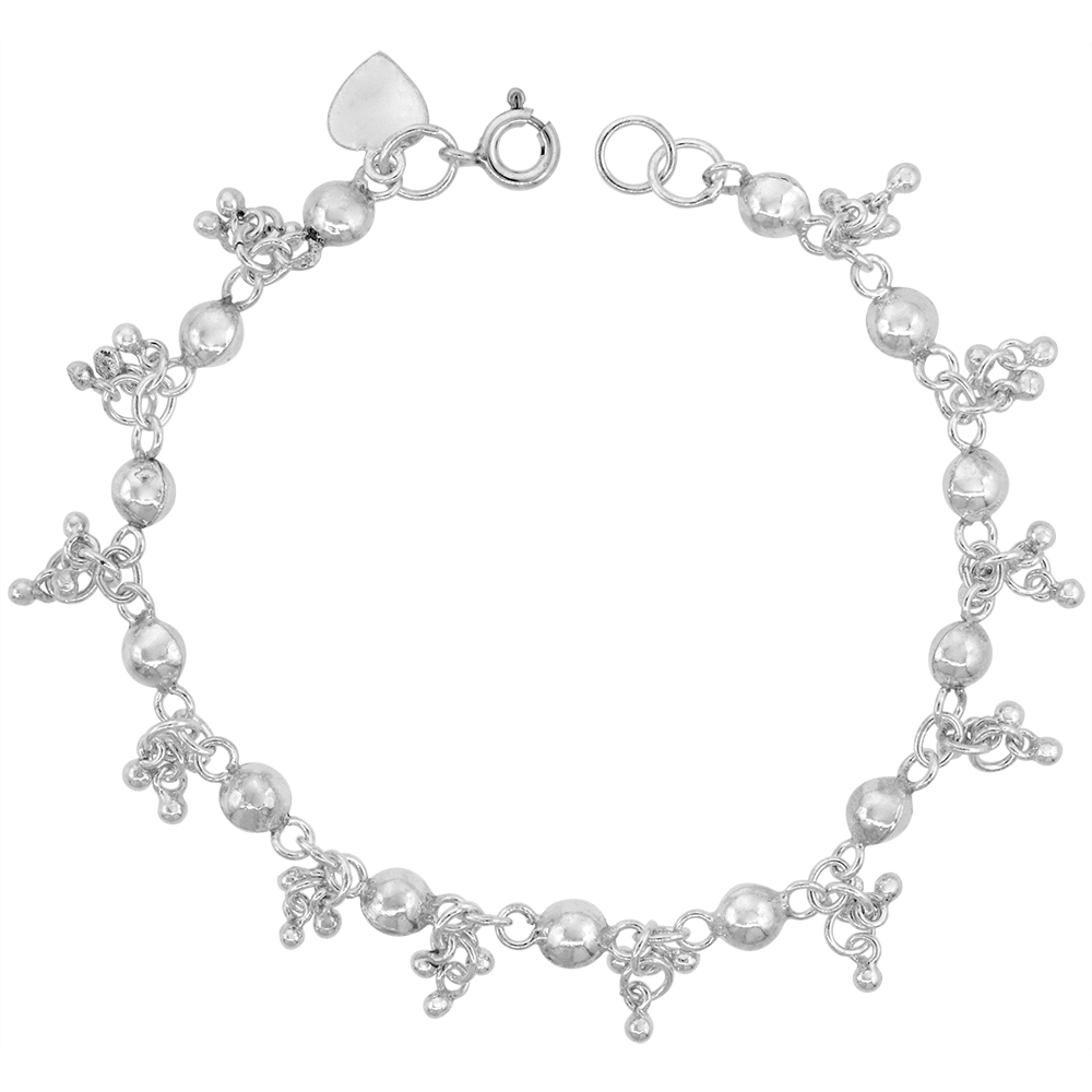 STERLING SILVER DANGLING TEENY BEAD CLUSTERS CHARM BRACELET FOR WOMEN 10MM DROPS FITS 7-8 INCH WRISTS