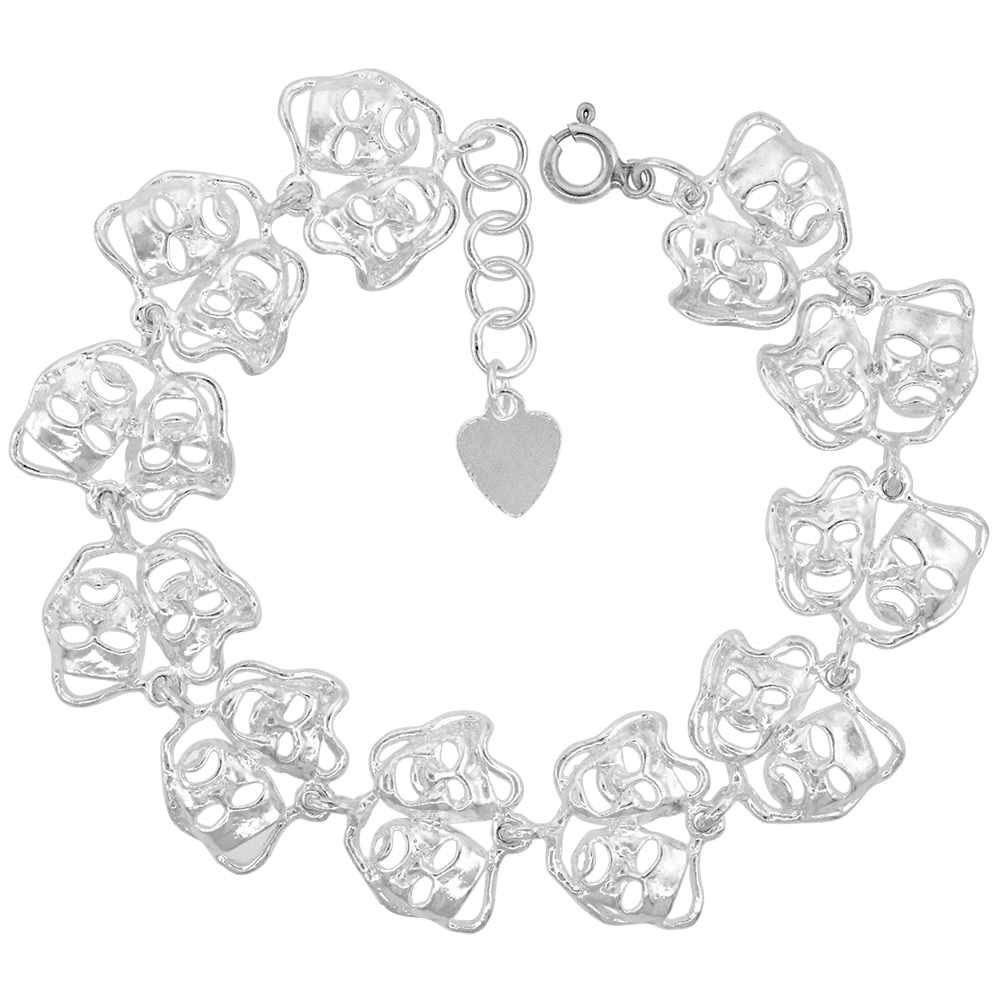 5/16 INCH WIDE STERLING SILVER LINKED DRAMA MASKS COMEDY TRAGEDY CHARM BRACELET FOR WOMEN 18MM FITS 7-8 INCH WRISTS