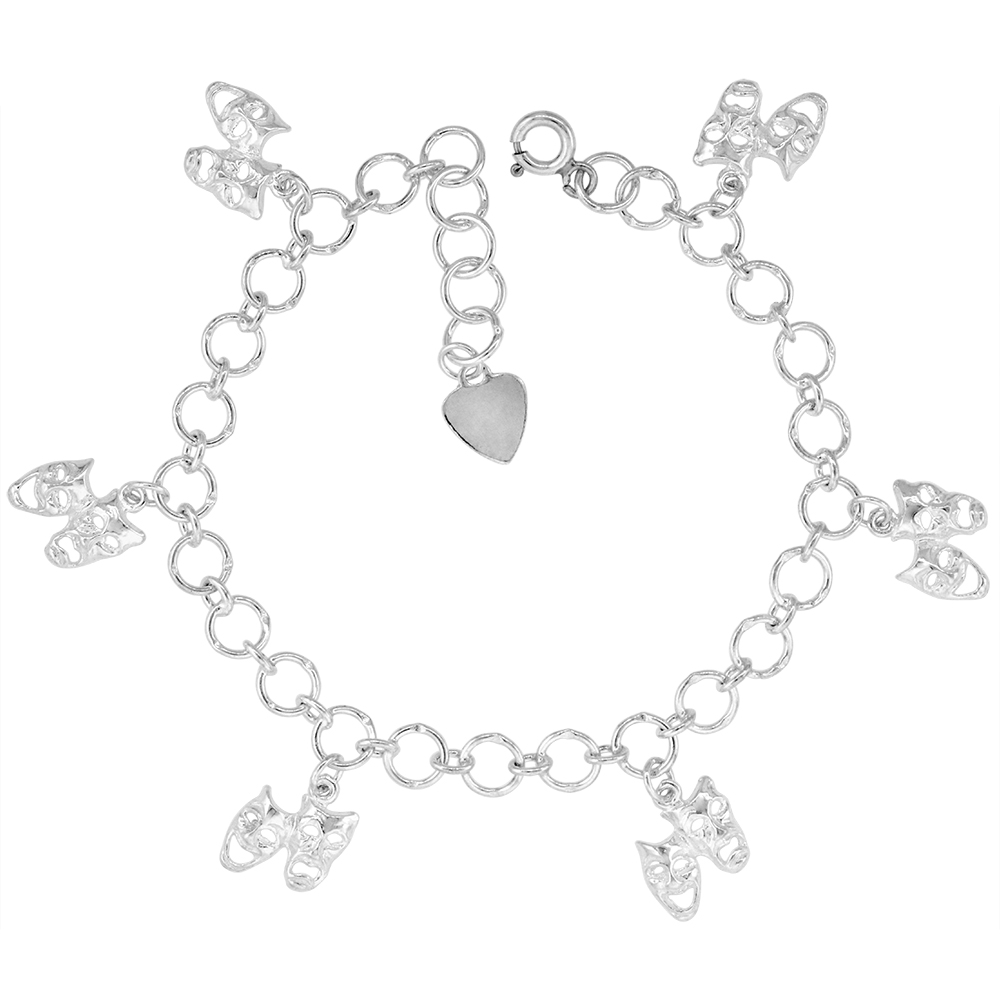 STERLING SILVER DANGLING DRAMA MASKS COMEDY TRAGEDY CHARM BRACELET FOR WOMEN 16MM DROPS FITS 7-8 INCH WRISTS
