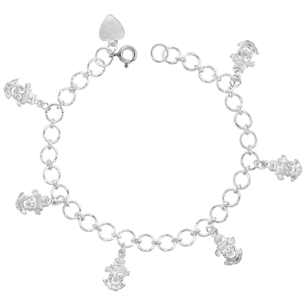 STERLING SILVER DANGLING CLOWN CHARM BRACELET FOR WOMEN 16MM DROPS FITS 7-8 INCH WRISTS