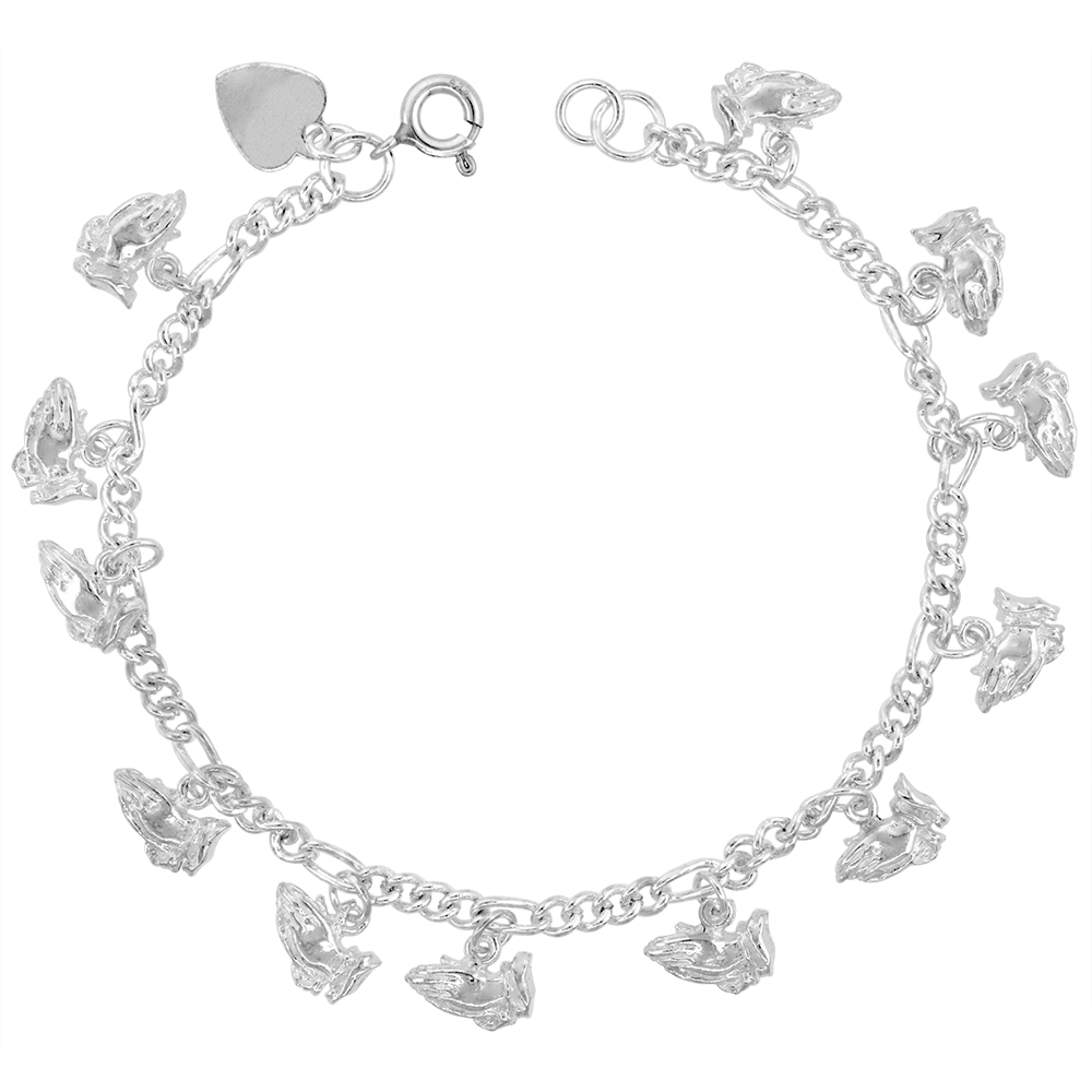 STERLING SILVER DANGLING PRAYING HANDS CHARM BRACELET FOR WOMEN 12MM DROPS FITS 7-8 INCH WRISTS