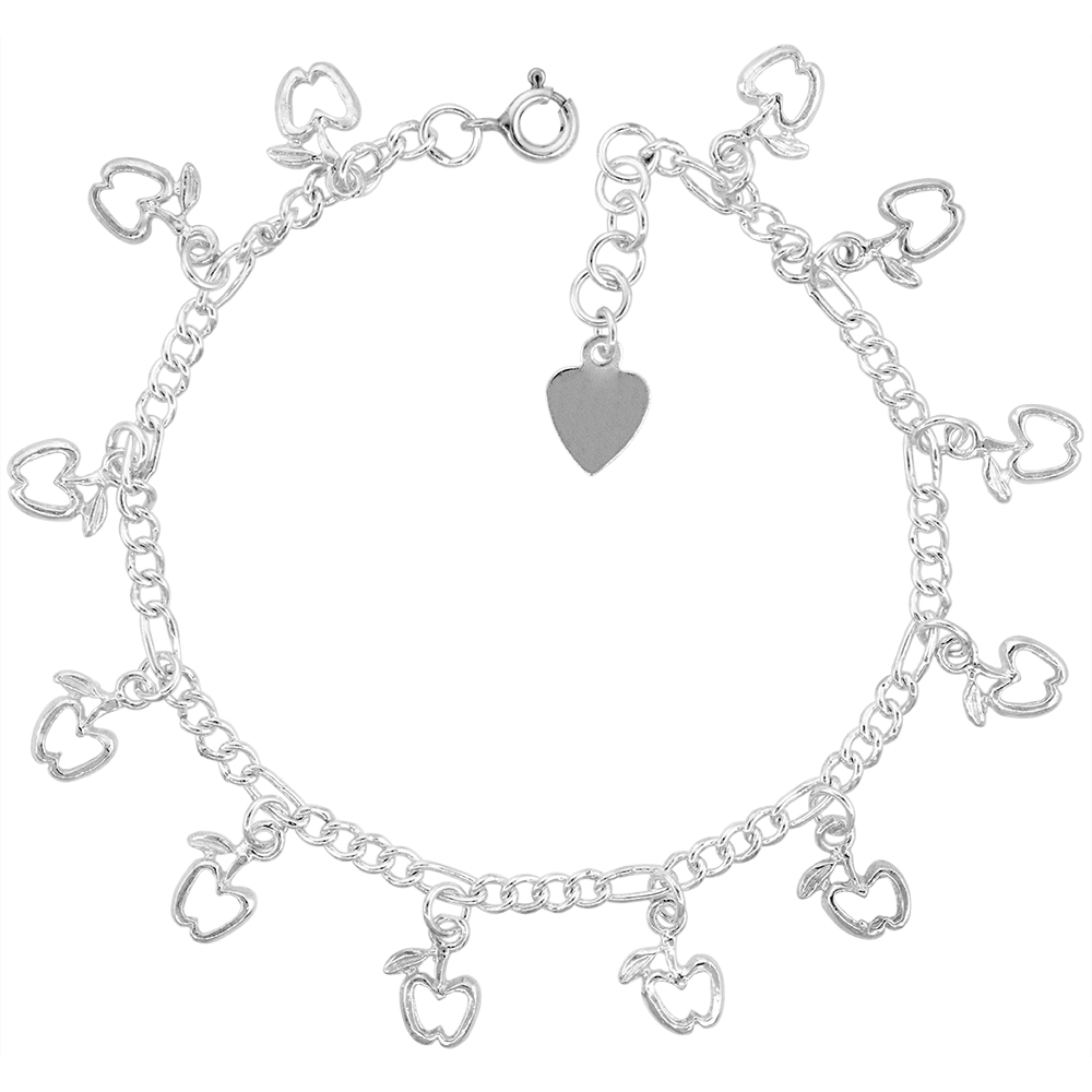 STERLING SILVER DANGLING APPLES CHARM BRACELET FOR WOMEN 14MM DROPS FITS 7-8 INCH WRISTS