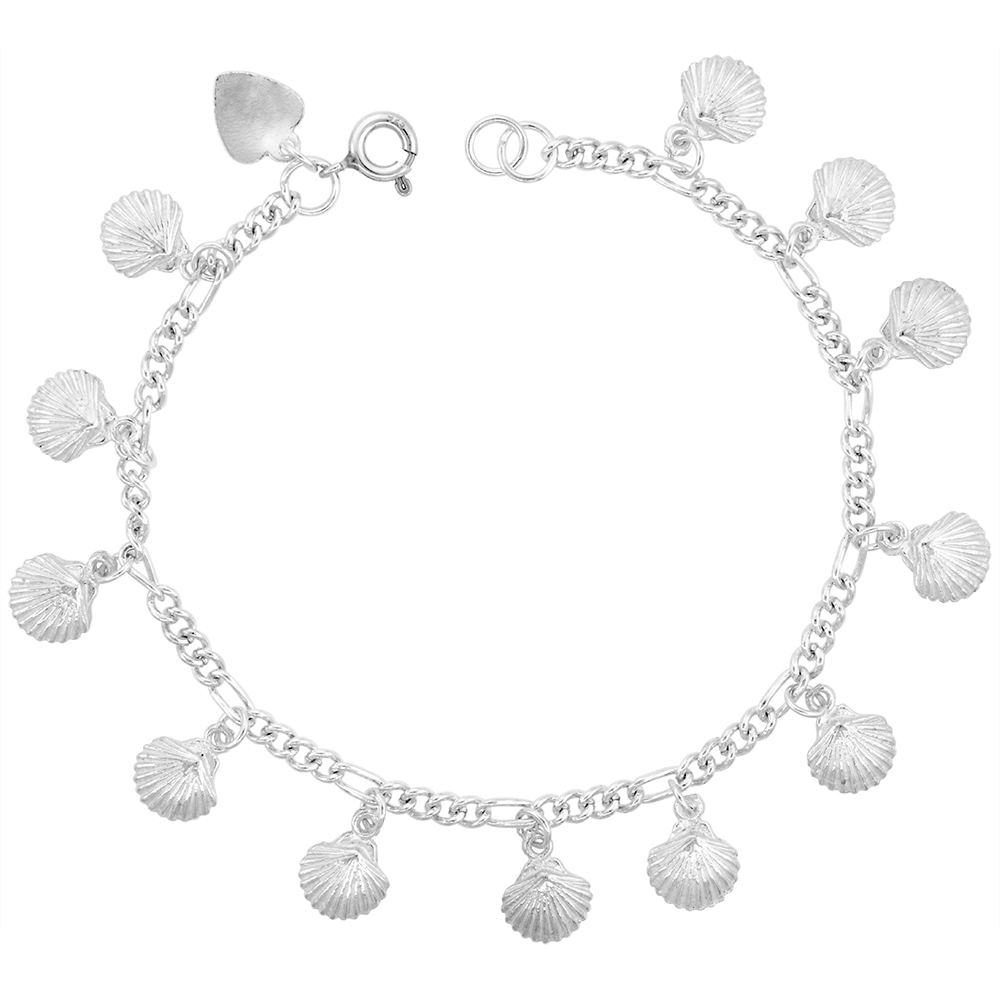 STERLING SILVER DANGLING SHELLS CHARM BRACELET FOR WOMEN 16MM DROPS FITS 7-8 INCH WRISTS