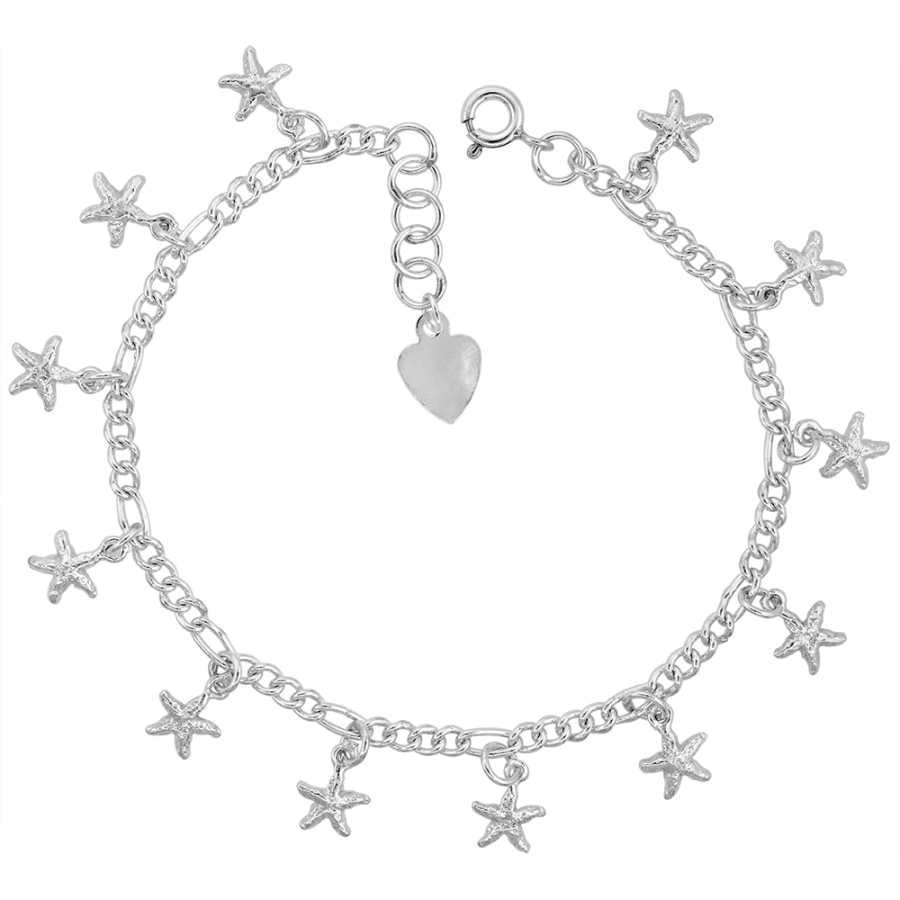 STERLING SILVER DANGLING STARS CHARM BRACELET FOR WOMEN 11MM DROPS FITS 7-8 INCH WRISTS