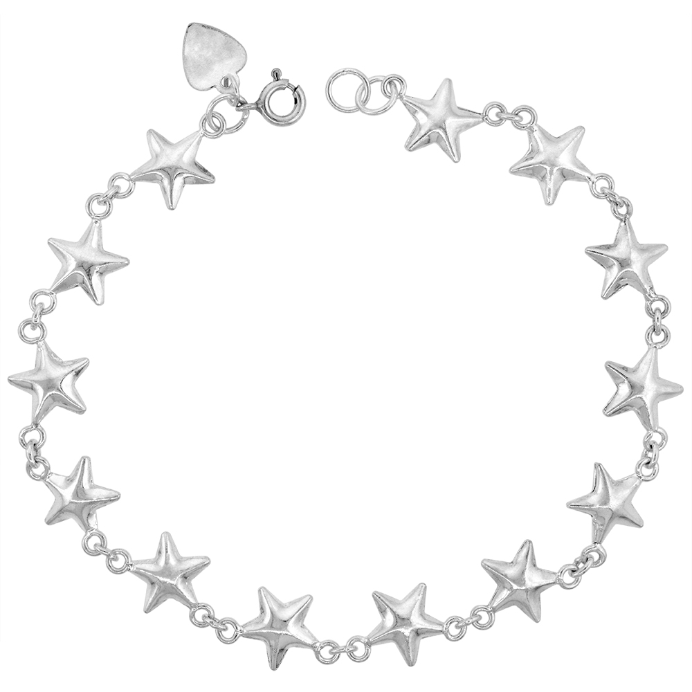 3/8 INCH WIDE STERLING SILVER LINKED STARS CHARM BRACELET FOR WOMEN 10MM FITS 7-8 INCH WRISTS