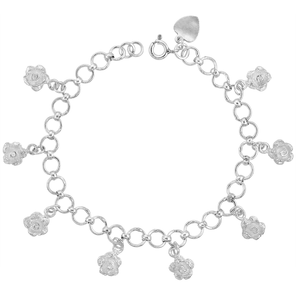 STERLING SILVER DANGLING ROSE FLOWER CHARM BRACELET FOR WOMEN 17MM DROPS FITS 7-8 INCH WRISTS