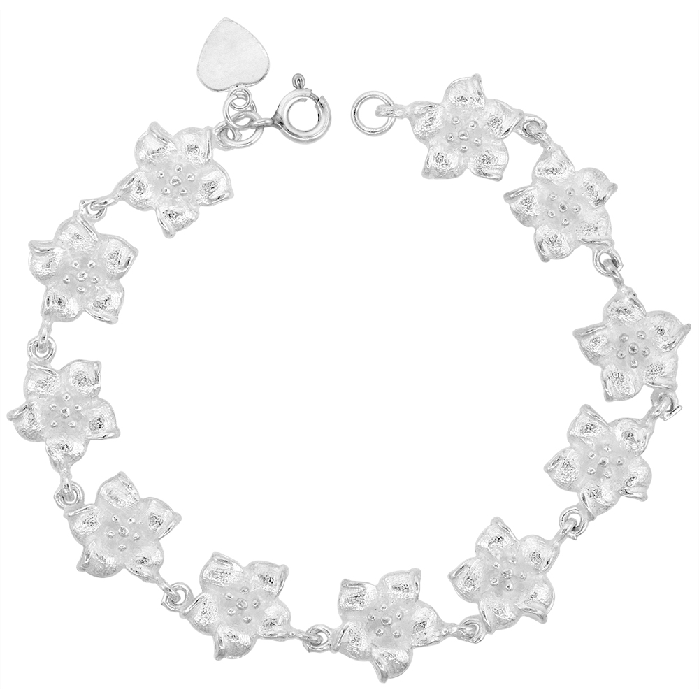 1/2 INCH WIDE STERLING SILVER HIBISCUS FLOWER CHARM BRACELET FOR WOMEN 12MM FITS 7-8 INCH WRISTS