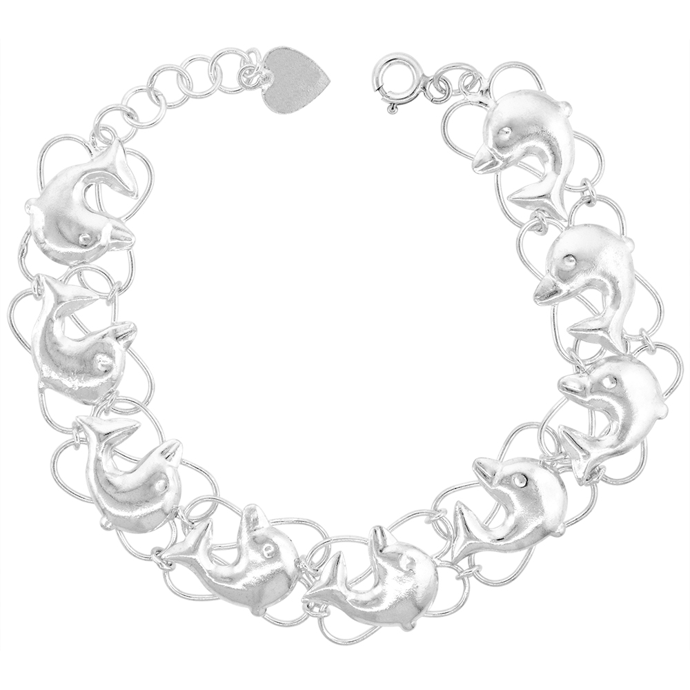 5/8 INCH WIDE STERLING SILVER DOLPHIN CHARM BRACELET FOR WOMEN QUATREFOIL LINKS 15MM FITS 7-8 INCH WRISTS