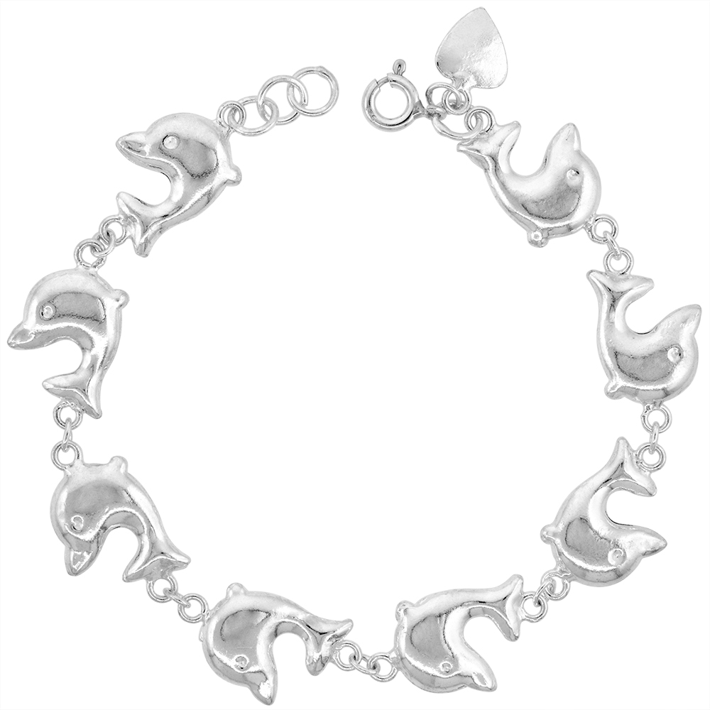 5/8 INCH WIDE STERLING SILVER LINKED PUFFY DOLPHINS CHARM BRACELET FOR WOMEN 15MM FITS 7-8 INCH WRISTS